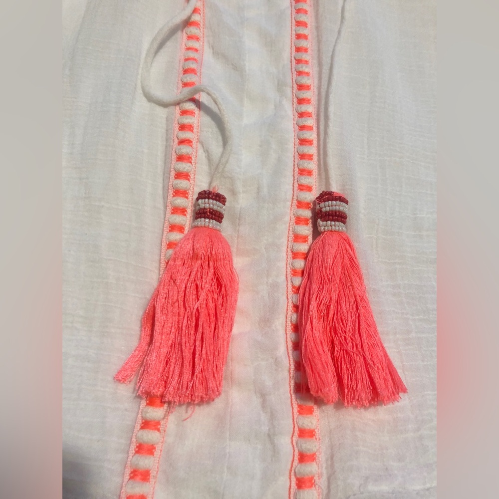 Zara White Boho Beach Sheer Swim Cover Up Long Sleeve top Shirt Orange Tassels - Picture 9 of 10